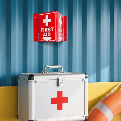 GicnKeuz First Aid Sign, 8" x 6" First Aid with Cross Symbol, Two-Sided Acrylic V-Sign for Business or Office or Wall Décor, Including Screws, Easy to Install (4 Pack)