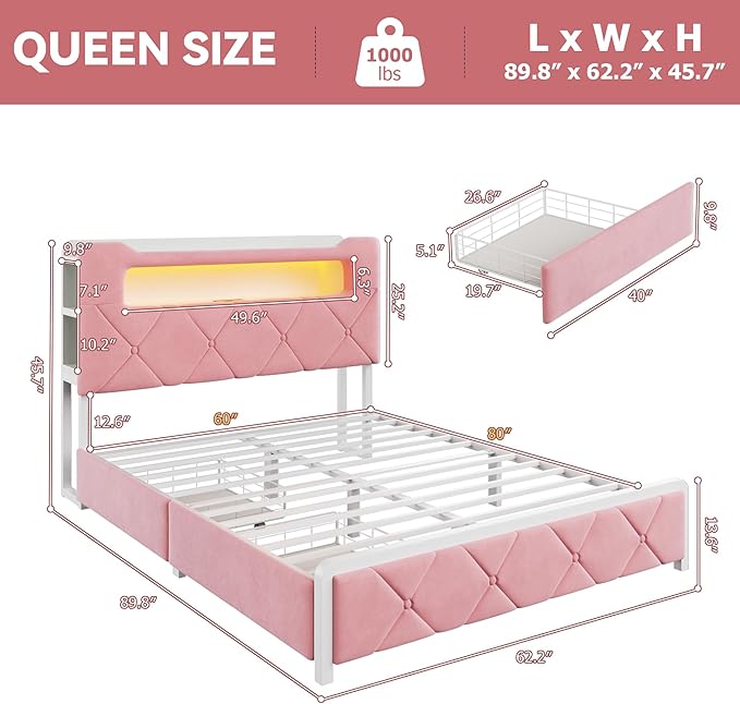 Queen Upholstered LED Bed Frame