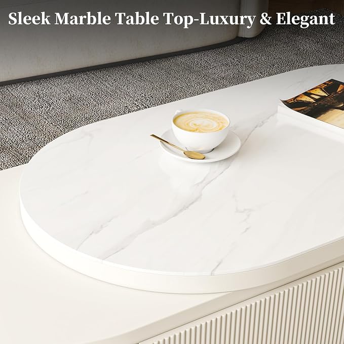 Modern Marble Coffee Table with Storage Drawers, Extendable Solid Wood Coffee Tables for Living Room, Fully Assembled Fluted Oval Center Table, No Installation Needed, White Finish