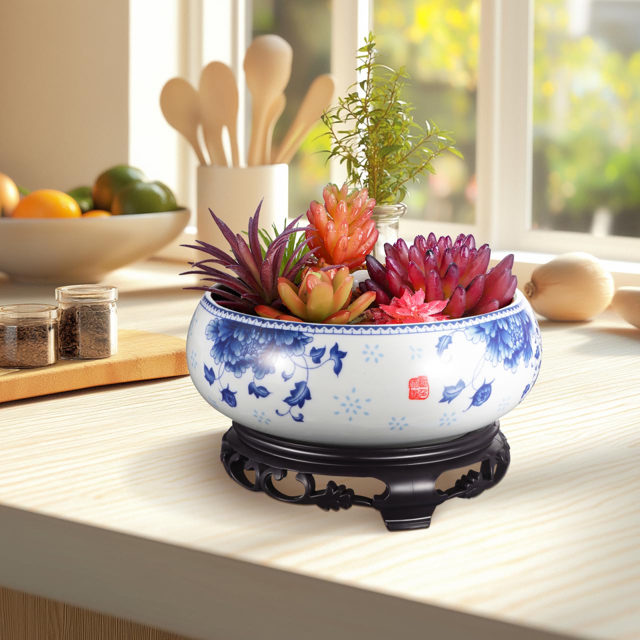 DOITOOL 7 Inch Lotus Bowl Planter Water Lily Pot with Stand, CactuSucculent Planters Cactus Hydroponic Container, Ceramic Blue and White Pots for Water Plants Lotus Flower Bonsai, No Drainage Hole
