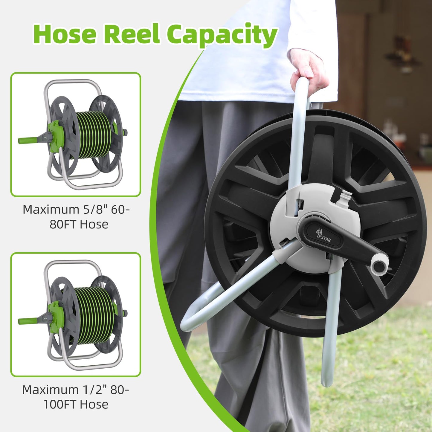 YESTAR Water Hose Reel Cart, Holds 60-80 Ft of 5/8 Inch Hose, Black Wall Mounted Garden Hose Cart, Portable Hose Reel for Convenient Storage and Watering