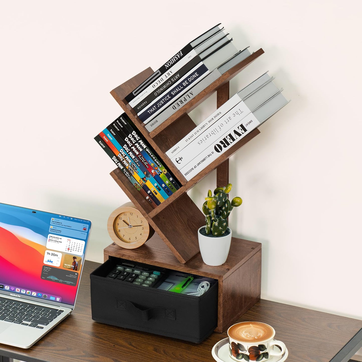 SHEEPAM Small Bookshelf with Drawer,4 Tier Tree Book Shelf,Wood Desk Bookshelves,Modern Free Standing Desktop Display Shelves,Brown Floor Standing Organizer Bookcase for Living Room,Bedroom,Office