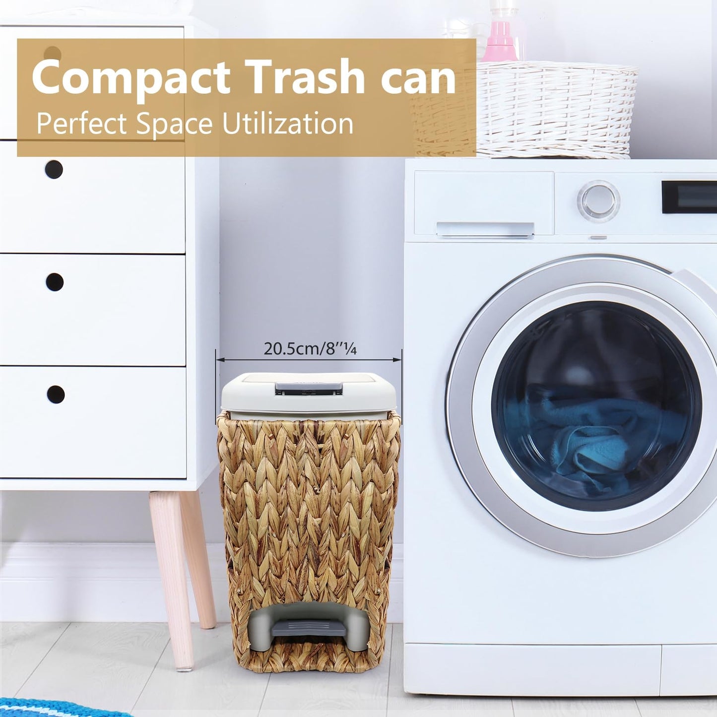 Oranwell Slim Bathroom Trash Can with Lid, 3 Gallon Small Trash Garbage Can Narrow Rubbish Waste Bin Basket with Press Top Step On Wicker Slim Wastebasket Wastepaper Basket for Bath Bedroom Office