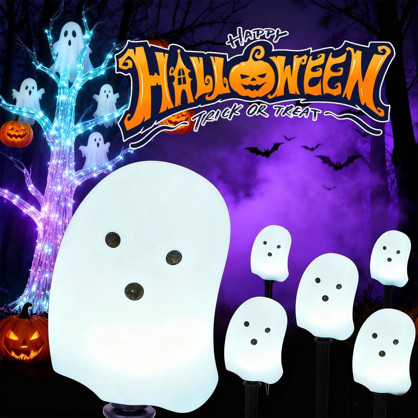 Halloween Solar Lights for Outdoor Decorations, 5 Pack Ghost Pathway Lights, Solar Ghost Lights for Garden, Yard, Party Halloween Decor（Dull）