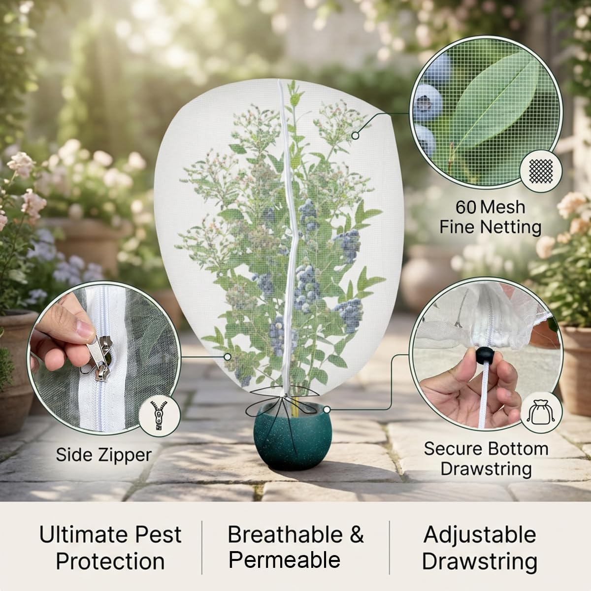 Gardtree 2PCS 4.1 × 5 FT Bird Insect Barrier Fruit Tree Netting, Double Zipper & Drawstring, Garden Bird Netting for Blueberries, Tomatoes, Peppers, Shrubs – Reusable Mesh Barrier