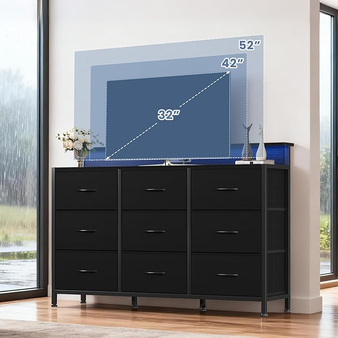 DUMOS TV Stand Dresser with 9 Fabric Drawers and Open Shelves, Entertainment