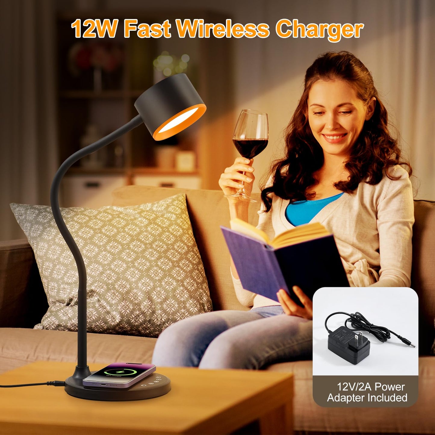 LED Desk Lamp with Wireless Charger, USB C + A Charging Ports, Eye-Caring Metal Bedside Lamp, 5 Colors Stepless Dimmable Reading Lamp, Touch Table Lamp Gooseneck Lamp for Home Office Dorm Black