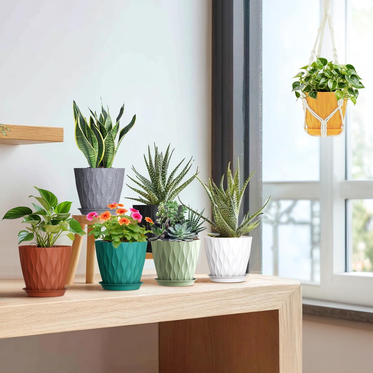 Meowell 7 inch Plant Pots for Indoor Outdoor Plants, 5 Pack Thick Flower Pots with Drainage Holes and Saucers, 3D Modern Wave Texture Plastic Planter Pots for Nursery and House Plants, Blue Green