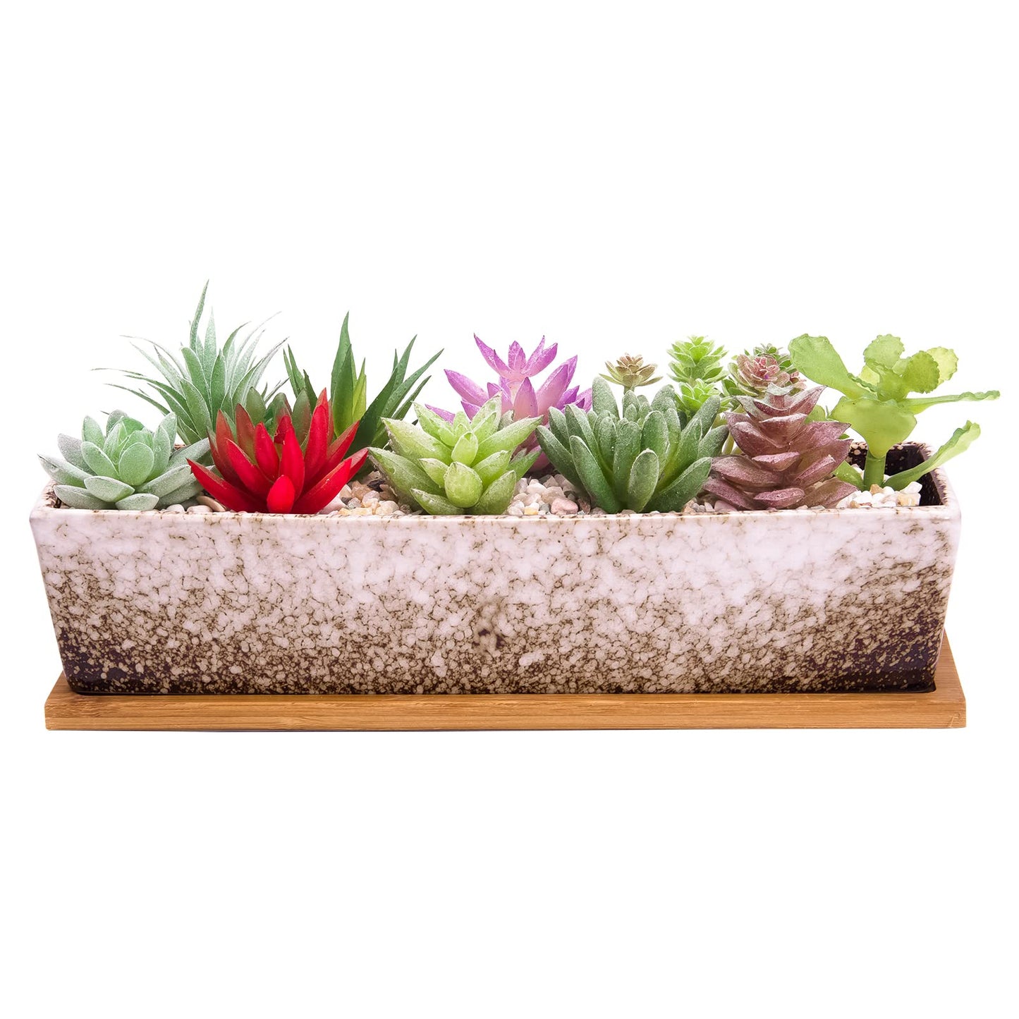 Succulent Pots - Large Succulent Planter Pots with Drainage, 12 Inch Long Rectangle Bonsai Pot with Bamboo Tray Shallow Ceramic Cactus Flower Planter Window Box for Home Garden Decor (White)