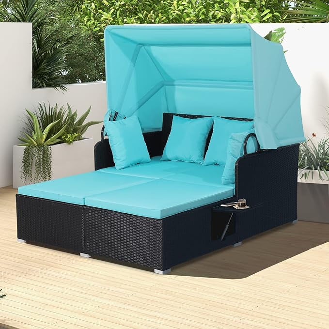 COSTWAY Outdoor Daybed with Retractable Canopy, Wicker Patio Furniture Set with
