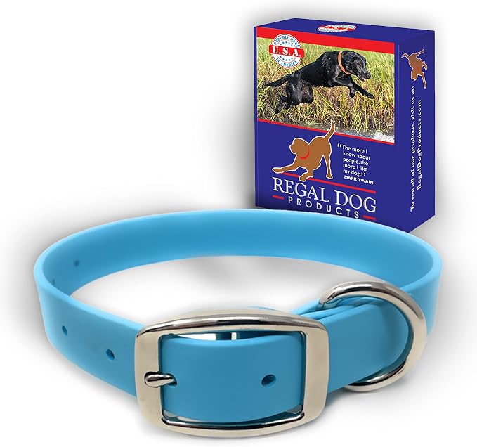 Regal Dog Products Medium Light Blue Dog Collar with Heavy Duty Double Buckle & D Ring | Vinyl Coated, Custom Fit, Adjustable Biothane Dog Collar Chew Resistant Waterproof Collar for Dogs