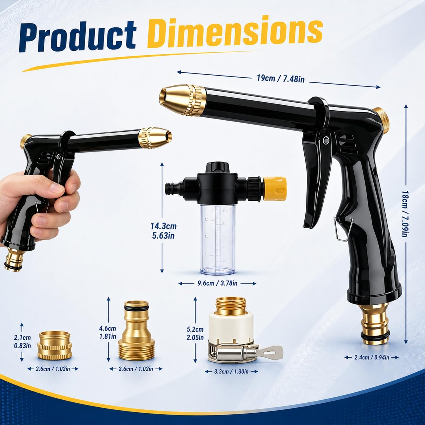 Turn Any Hose Into A High-Pressure Water Jet,Heavy Duty Garden Hose Nozzle,Multi Function Lawn & Garden Watering Sprayer,Spray Nozzles for Cleaning Yard Pets Car,Three Spray Modes with Foam Pot(set)