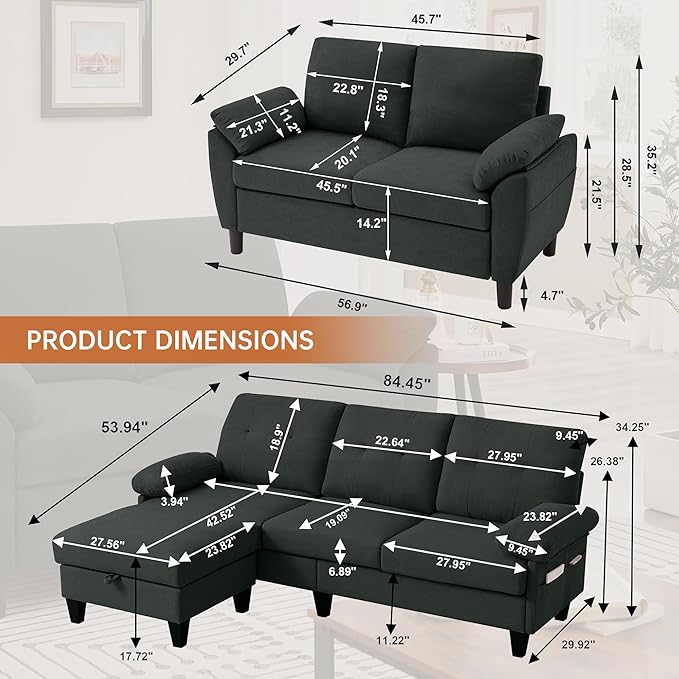 84" Convertible Sectional Sofa Set, 3 Seat L Shaped Couch