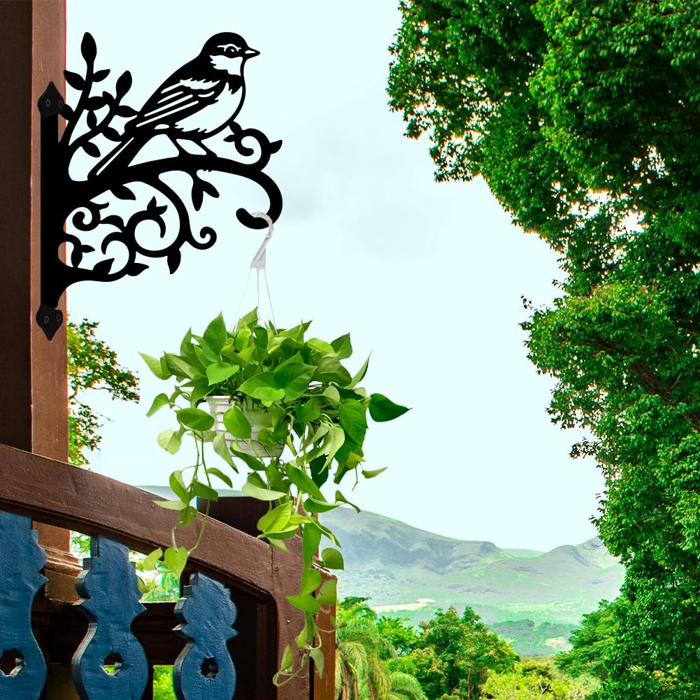 peacoblue Iron Plant Hangers Hooks 11.6"x15.2" for Outdoor Indoor Hanging Plants Flower Fern Pots Lantern Bird Feeder, Weather Resistant Metal Wall Holder for Porch Garden(Sparrow Bird on Branch)