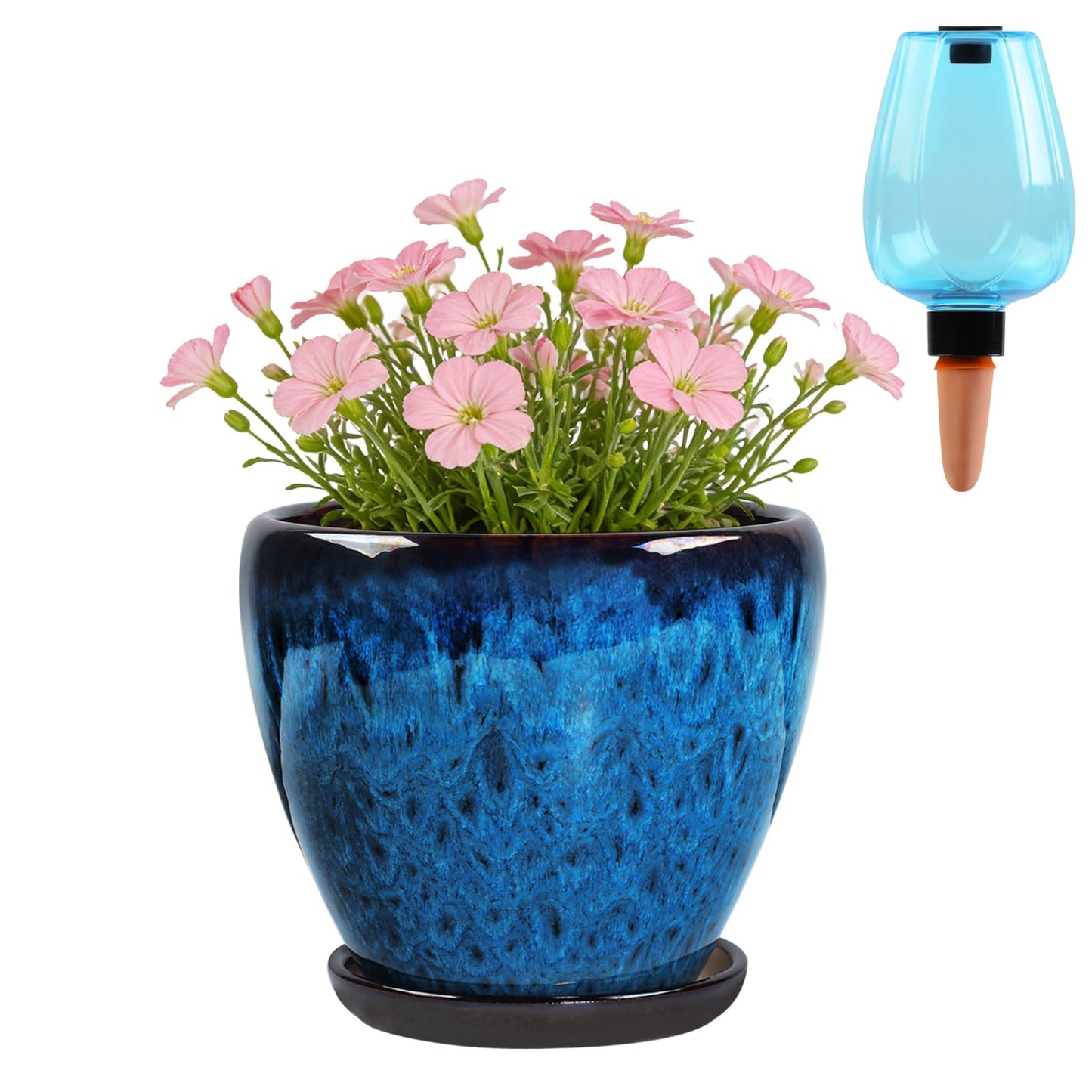 Xoogifae Ceramic Pots for Plant with Self Watering Globes, 6 inch Planters for Indoor Plants with Saucer, Glaze Flower Pots Outdoor with Drainage Holes, Decorative Garden Pots