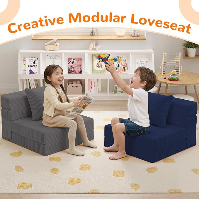 MeMoreCool Kids Folding Sofa Chair – Corduroy Floor Futon, Tri-Fold Mattress