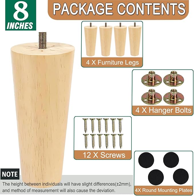 Yaliuliu 8 Inches Furniture Legs Round Solid Wood Sofa Legs Replacement Legs