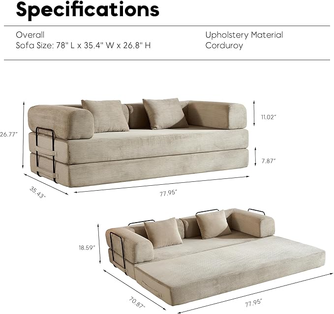 ZEIINPA Corduroy Floor Sofa Bed, Convertible Folding Couch Bed