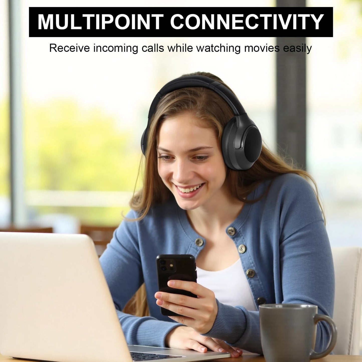 Active Noise Cancelling Headphones, 65H Bluetooth Headphones, Custom EQ via App Headphones Wireless with Mic, Bluetooth 6.0 Foldable Lightweight Headsets for Commuting Travel Work Home (Black)