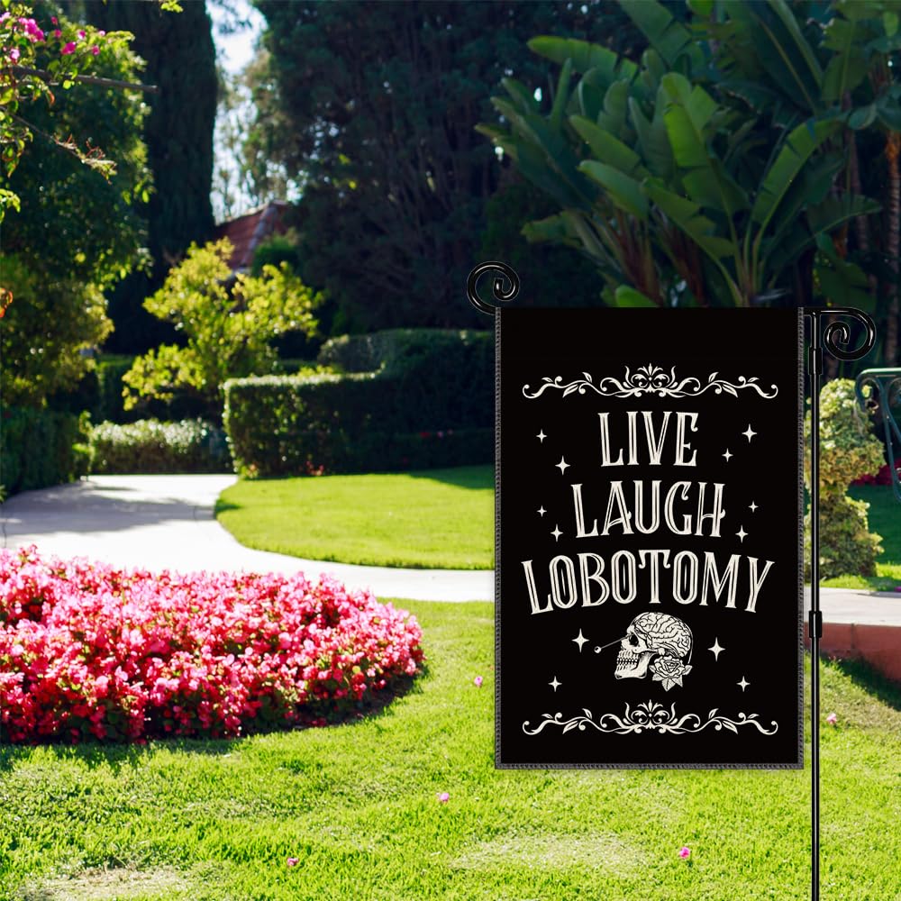 JMYROG Live Laugh Lobotomy Garden Flag, Double Sided Yard Outdoor Farmhouse Lawn Porch Decor Flag, Funny Humor Goth Decor, Retro Halloween Spooky Banner, Funny Skeleton Gifts For Friend Family