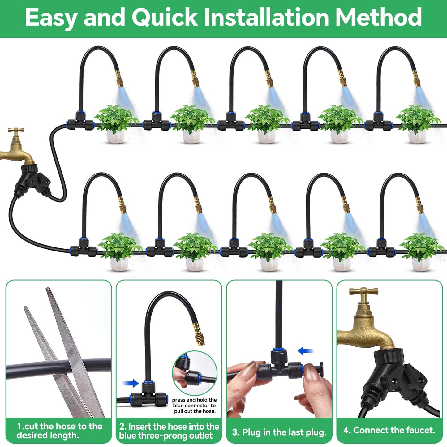 140Ft 1/4" Drip Irrigation System for Garden – 30 Adjustable Copper Nozzles, Automatic Atomizing Sprinkler System for Outdoor Plants Raised Bed, Yard, Potted Plants & Lawn