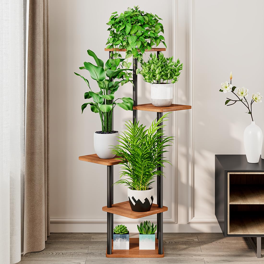 AZERPIAN Plant Stand 5 Tier Indoor Metal Flower Shelf for Multiple Plants Corner Tall Flower Holders for Patio Garden Living Room Balcony Bedroom, Walnut (5 Tier-Walnut)