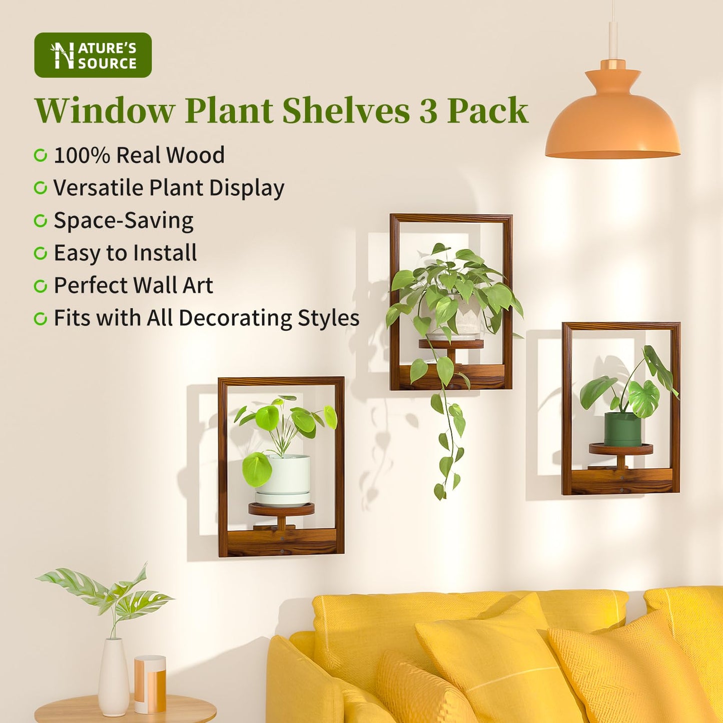 NATURE'S SOURCE Hanging Planters for Indoor Plants Wall Decor, Wooden Floating Shelves for Wall Planter, Window Plant Shelves Hold 22 lbs, Farmhouse Decor 16.5" x 11.8" (3 Pack)
