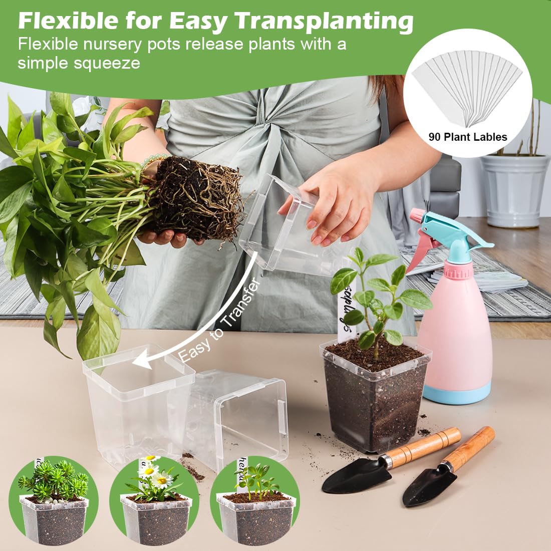 RooTrimmer 3.3 Inch Clear Nursery Pots with Drainage,90 Pack Square Seedling Pots with Plant Lables,Reusable Seed Starter Pots for Succulents Transplanting Herbs Flowers Tomato Windowsill Gardening