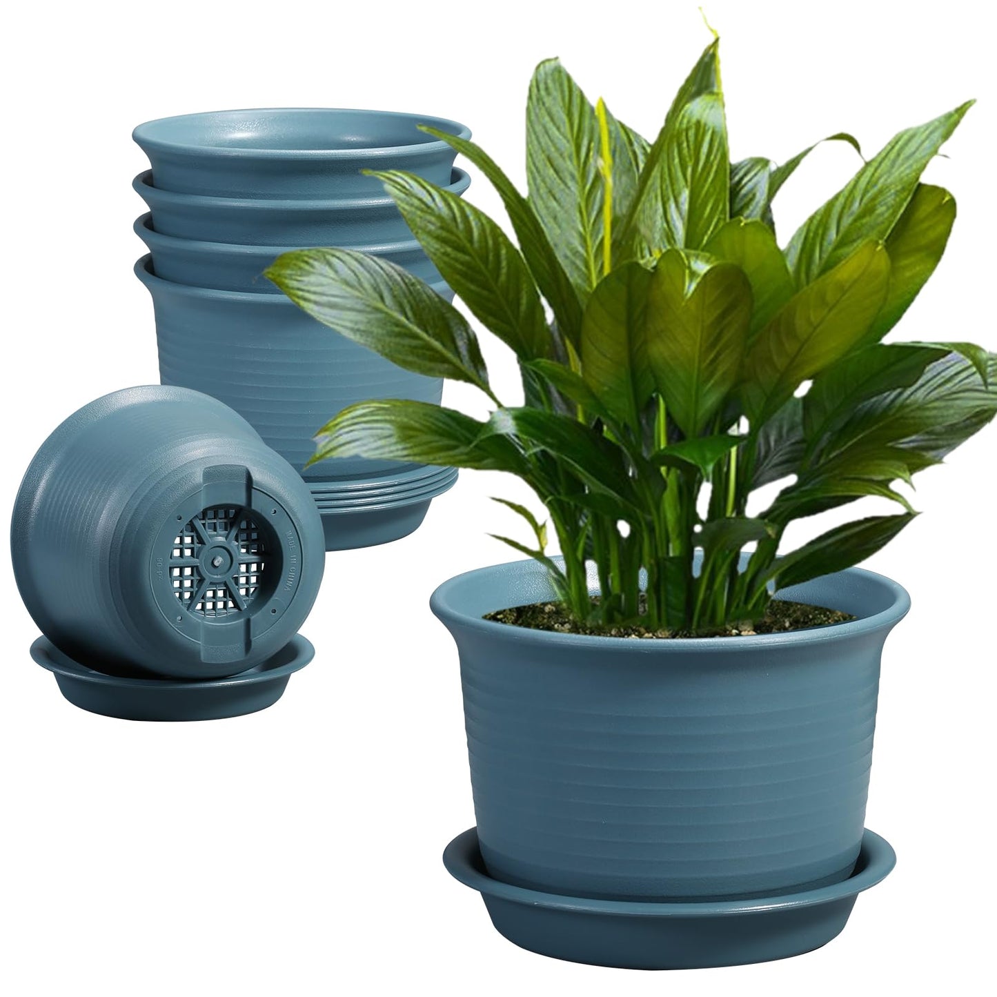 Etvski 6 Pack Flower Pots for Indoor Plants, Plant Pots with Drainage Hole and Tray Saucer, 7" Flower Pot, 6 inch Planters for Indoor Plants(Bluish Gray)