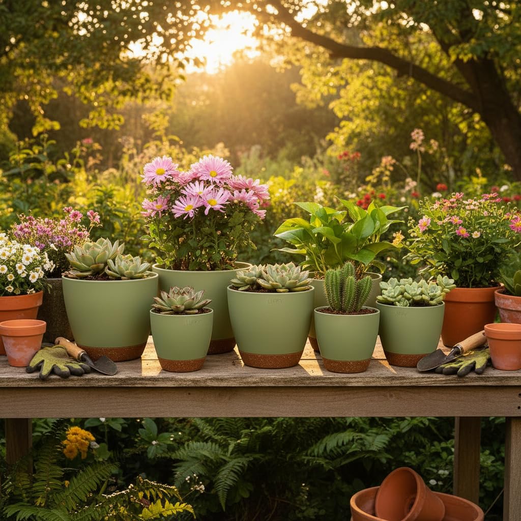 LIFFY Plant Pots, 8,7.5,7,6.5,6,5.5,5 Inch Plastic Self Watering Planters with Drainage Holes & Saucers, 7-Pack Green Nursery Planting Pot with Deep Reservoir for Indoor Outdoor Plants