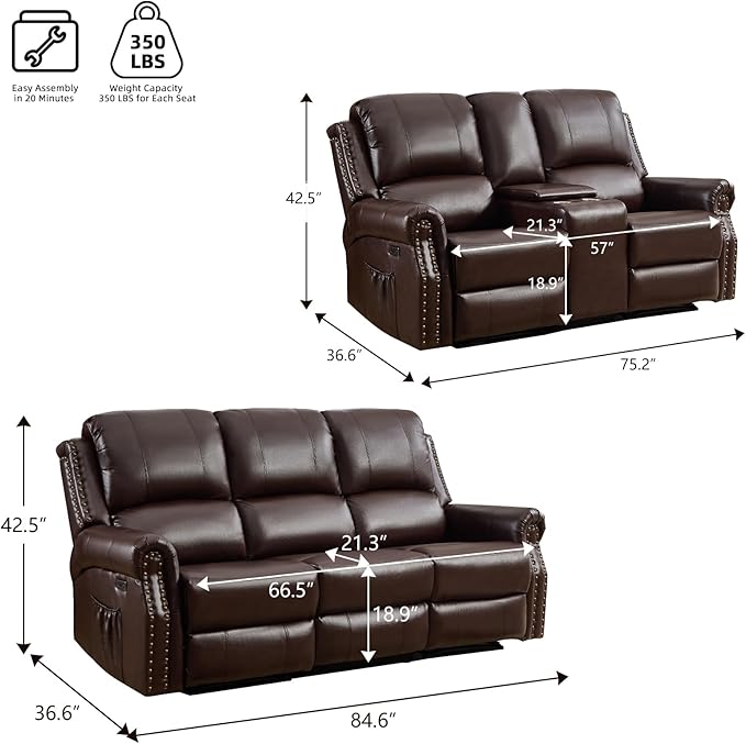 EBELLO 2 Pieces Power Reclining Sofa Set, Faux Leather Reclining Living Room