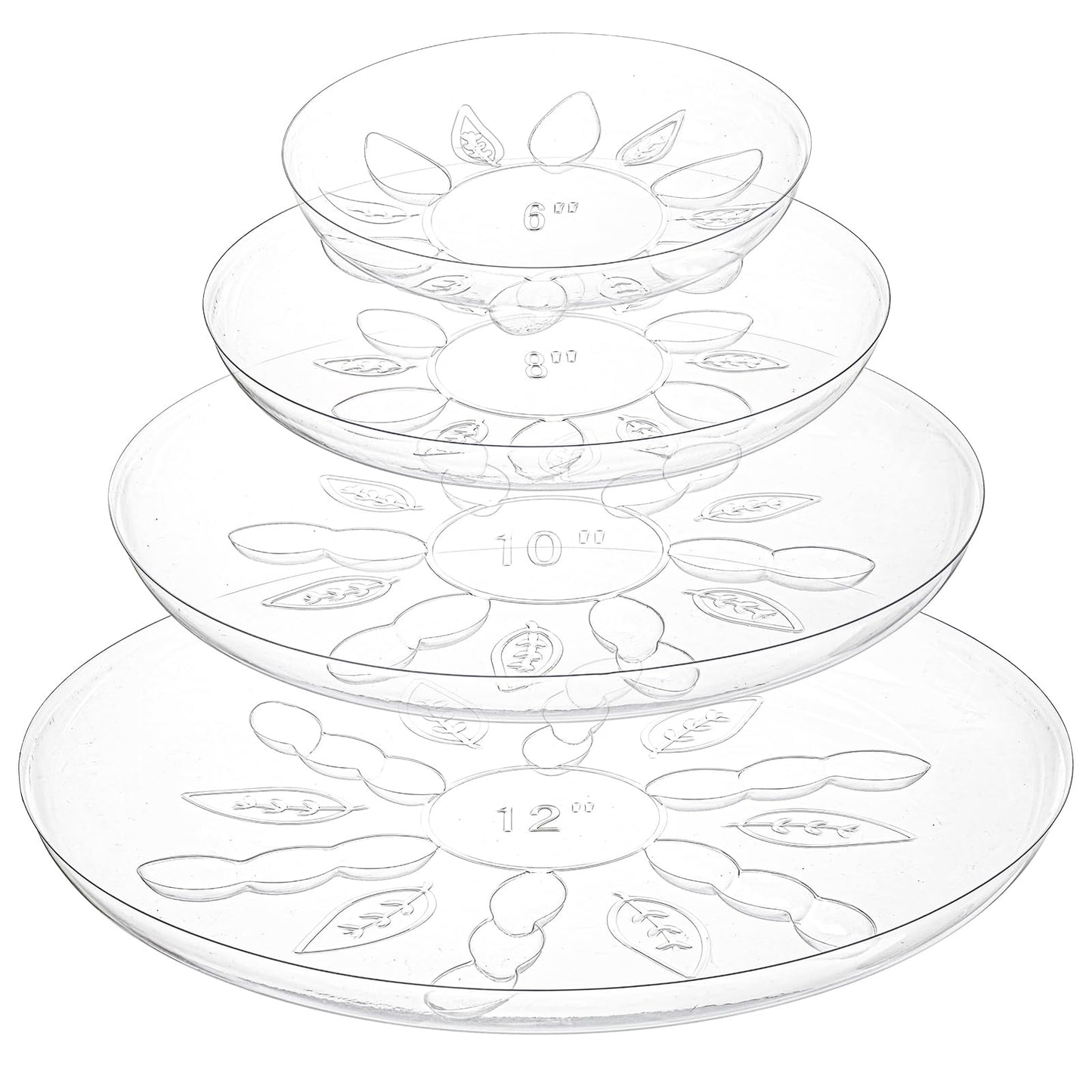 YOUEON 24 Pack Clear Plant Saucers with Feet, 6/8/10/12 Inch Heavy Duty Plastic Plant Drip Trays, Flower Pot Trays, Plant Water Catcher Tray for Indoor & Outdoor Plants, Round, 4 Sizes