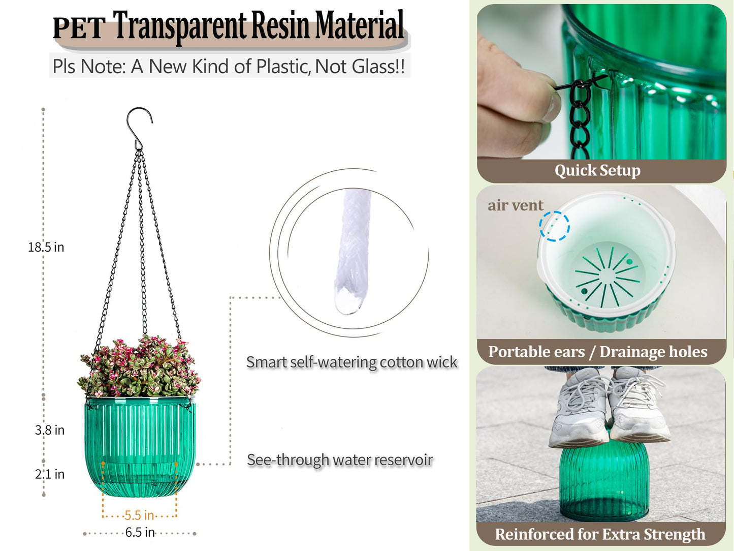 Melphoe 2 Pack Self Watering Hanging Planters Indoor Flower Pots, 6.5 Inch Outdoor Hanging Plant Basket, Hanger with 3Hooks Drainage Holes for Garden Home (Emerald + Gray)