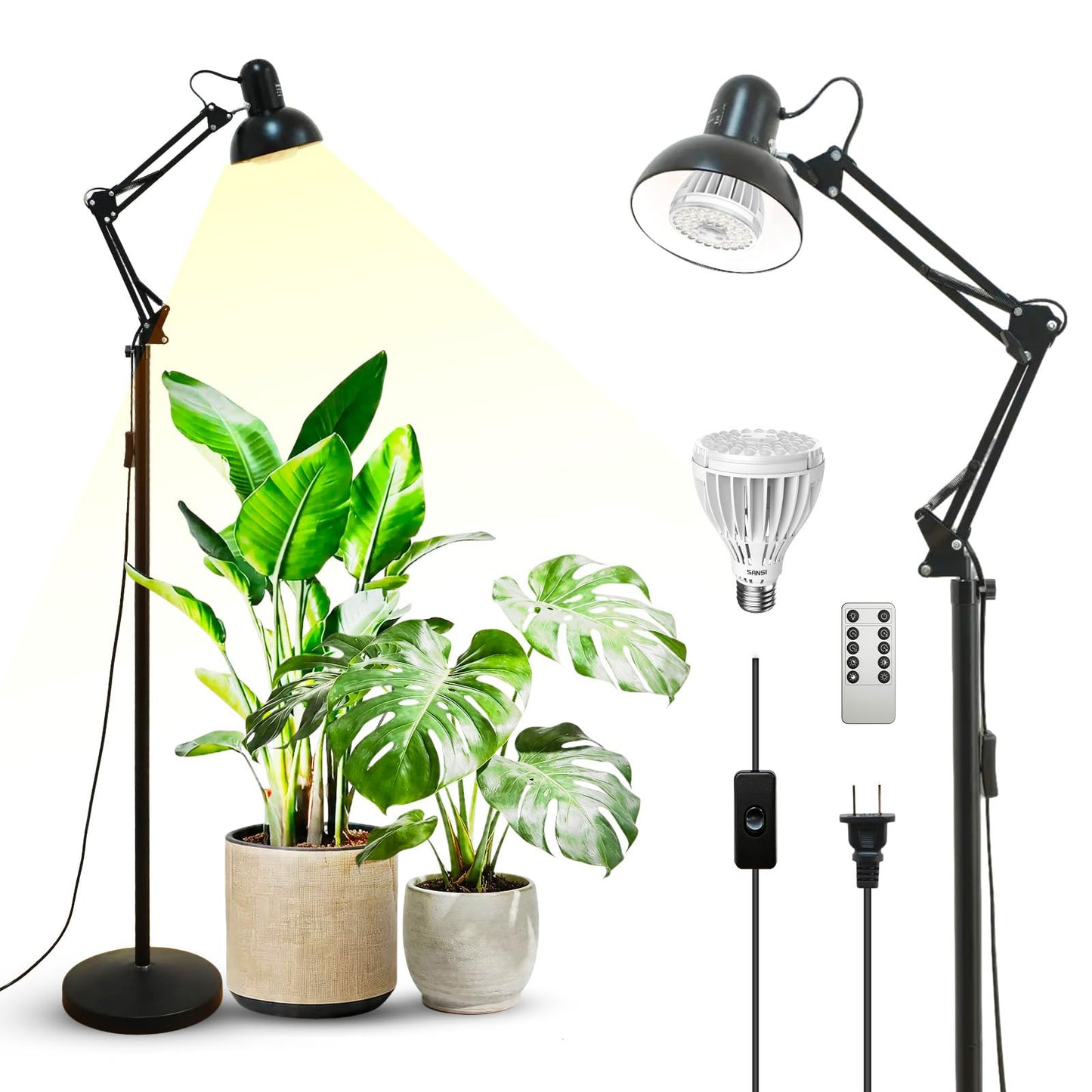 SANSI Grow Lights for Indoor Plants, 32W Plant Lights for Indoor Growing, Full Spectrum Dimmable 39-65 Inches High PPFD Standing Grow Light with PAR25 32W Bulb Remote Control Auto On/Off Timer