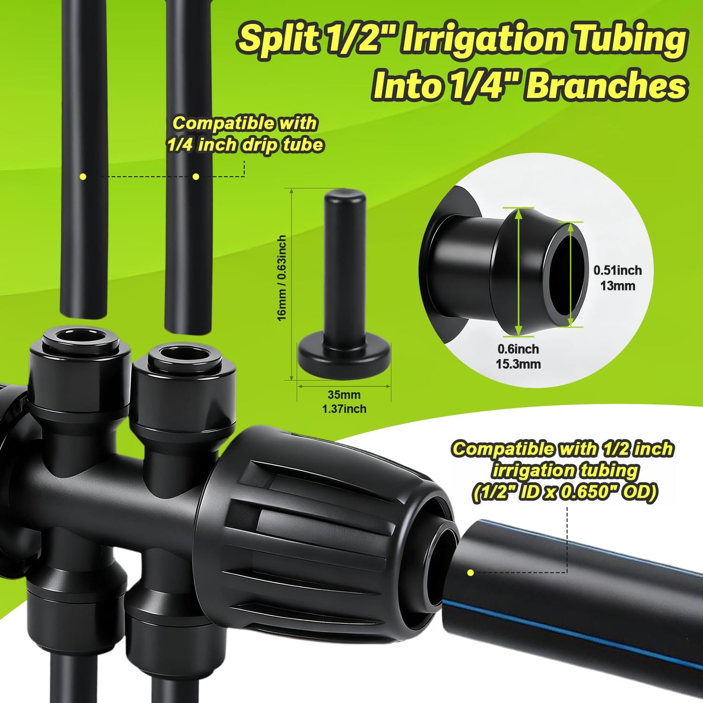 Copadri 6 Pcs Barbed Tee 1/2 Inch To 1/4 Inch Irrigation Tubing Fittings, 1/2 Inch(1/2" ID x 0.65" OD) To 1/4 Inch Quick Connect Irrigation Adapter 16mm Hose Locked T Reducer To 1/4" Water Line