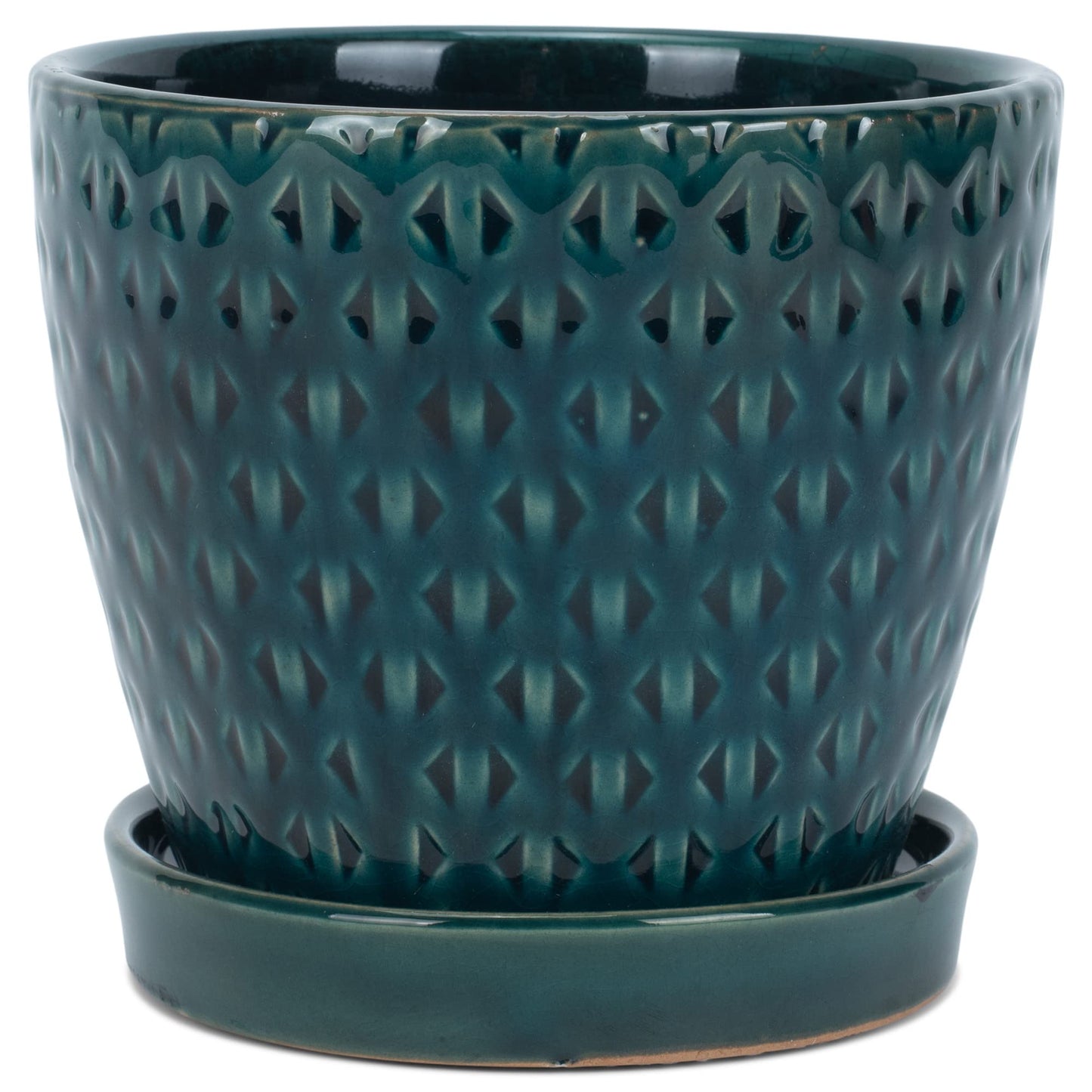 Napco Geometric Triangle 4.75 x 5.5 Inch Teal Green Ceramic Flower Pot Planter with Saucer
