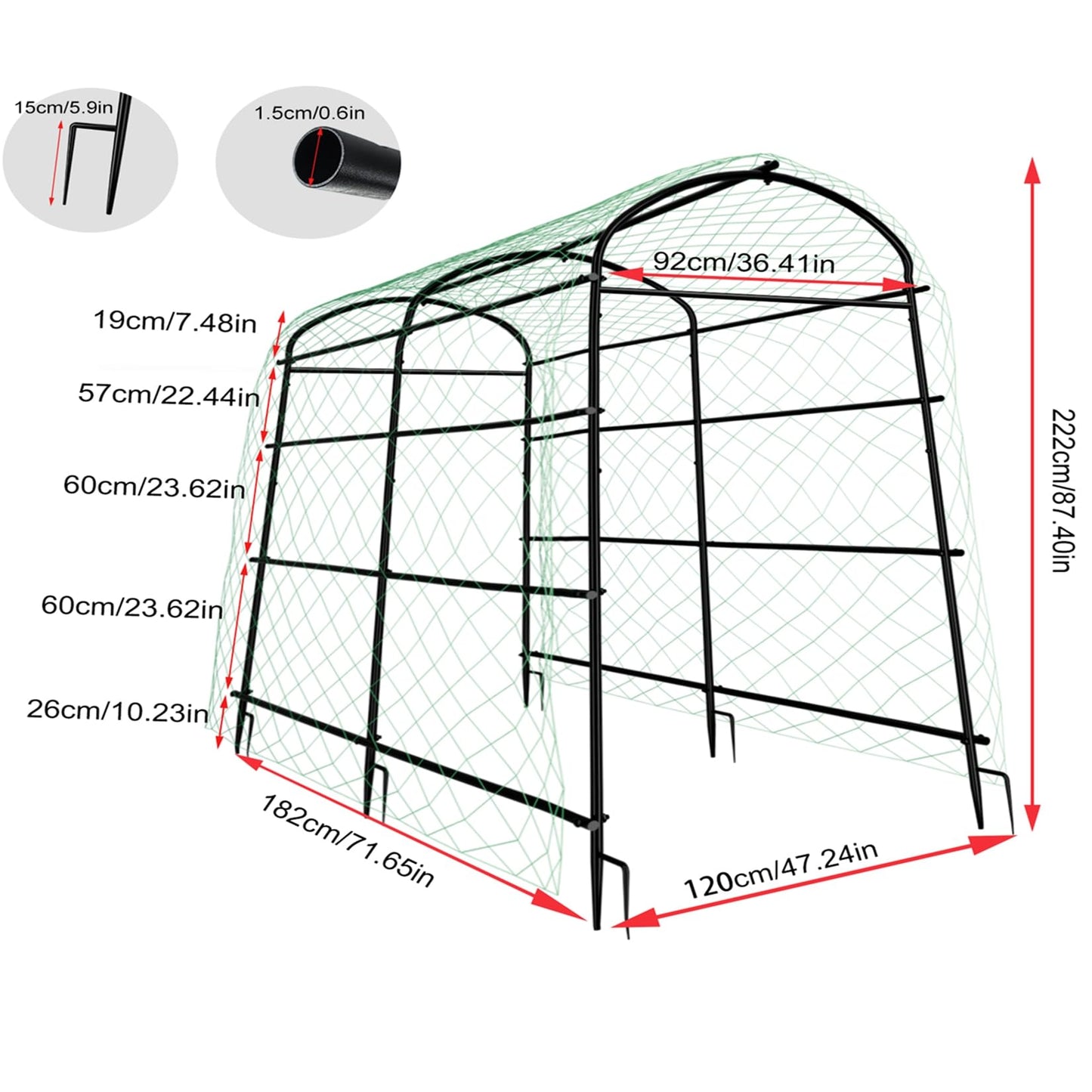 unho 87inch Metal Garden Trellis Arch for Climbing Plants - Polyethylene-Coated Anti-Rust, Heavy Duty, Wide Walk-Through Outdoor Arch with Net, for Cucumber Tomato Squash Zucchini Peas Grape Flowers