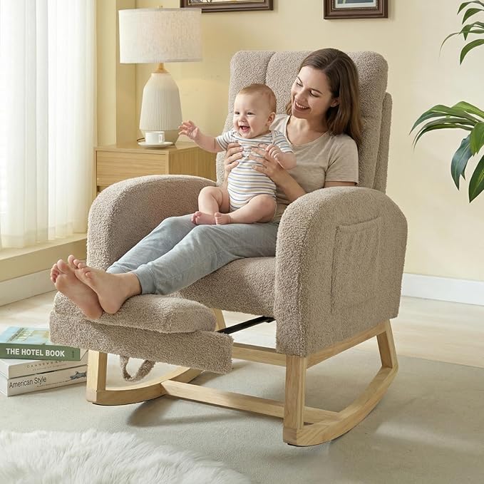 NIOIIKIT Modern Nursery Rocking Chair, Teddy Upholstered Rocking Chair