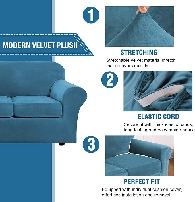 H.VERSAILTEX Modern Velvet Plush 4 Piece High Stretch Sofa Slipcover Sofa Cover