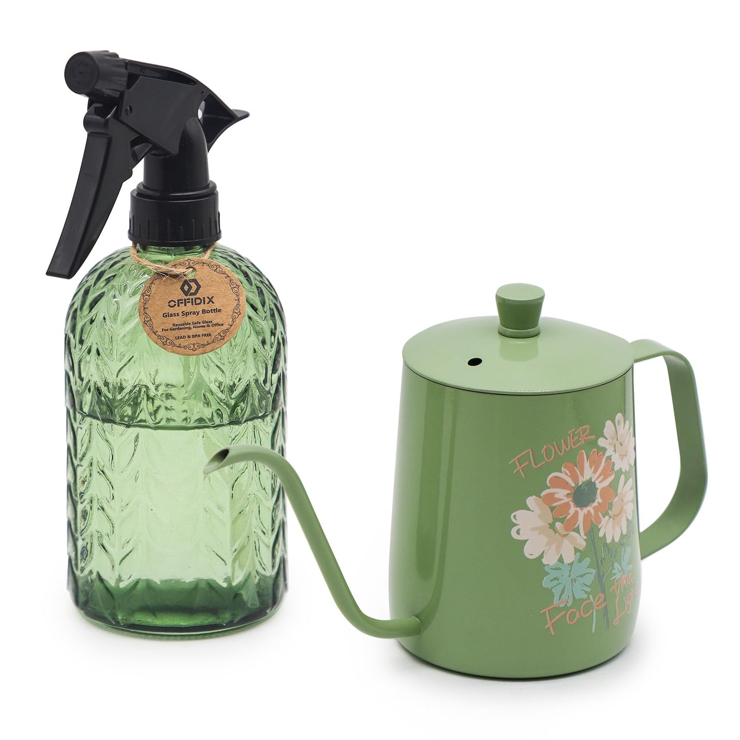 OFFIDIX Watering Can for Indoor Plants,Long Spout Metal Stainless Steel 21 oz Small Indoor Plant Watering Can with 14 oz Glass Plant Mister Spray Bottle for Inside