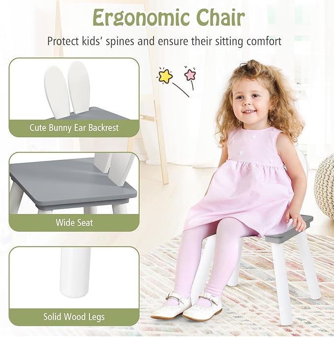 Costzon Kids Table and Chair Set, 3 Pieces Wooden Activity Table & 2 Rabbit