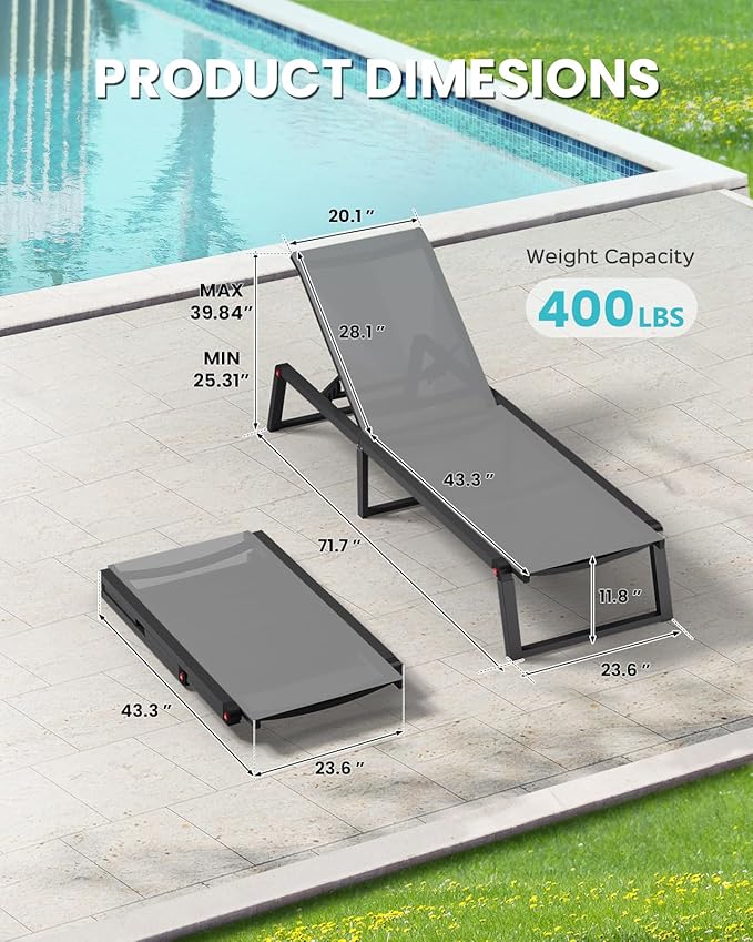 Aluminum Chaise Lounge Chair Outdoor, Foldable& No Assembly Patio Pool Lounge