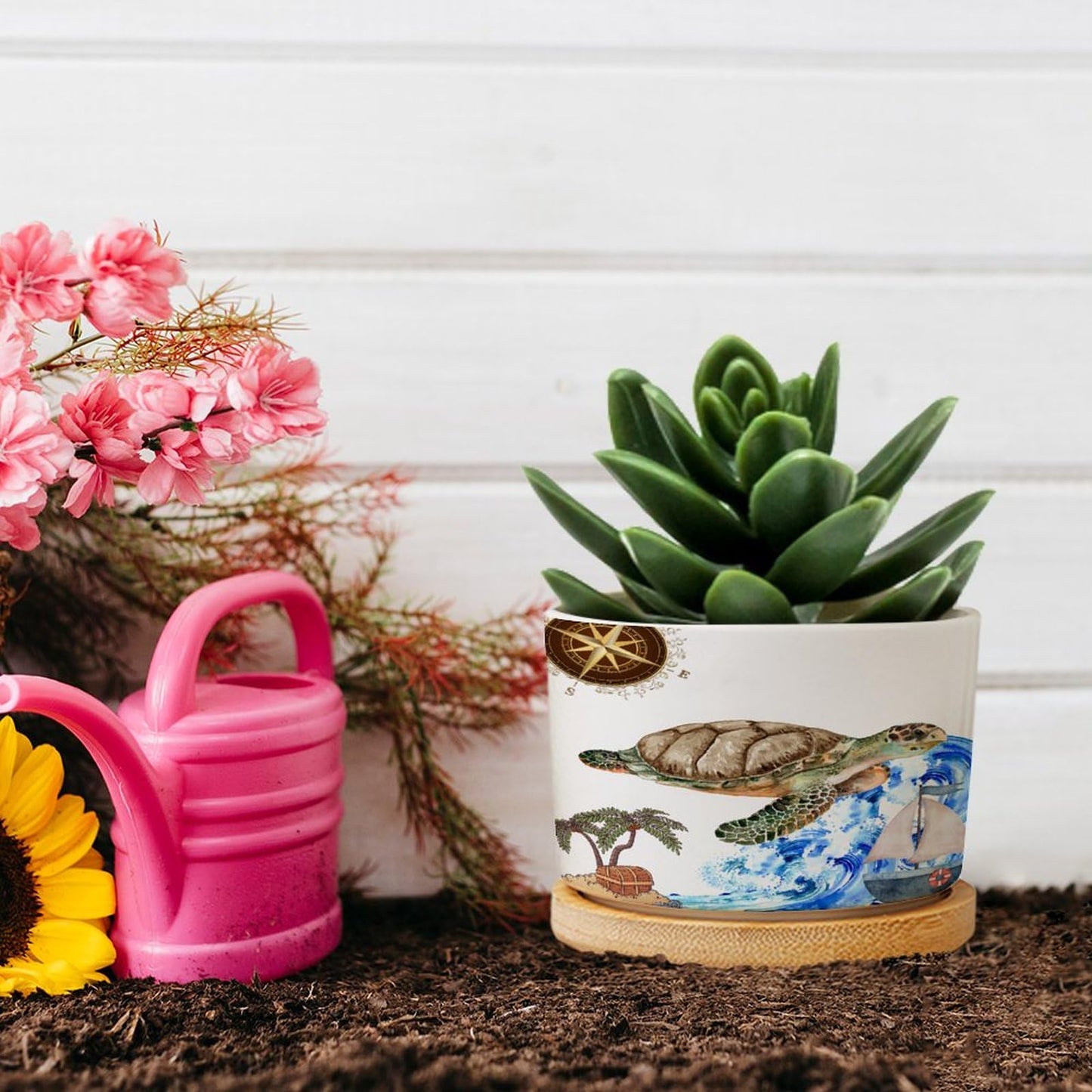 DreamAutumn Ocean Theme Sea Turtle Planter Ceramic Round Plant Pots with Drainage Holes and Bamboo Tray Planting Small Flower Pots for Home Windowsill Desk Garden Indoor Outdoor Use