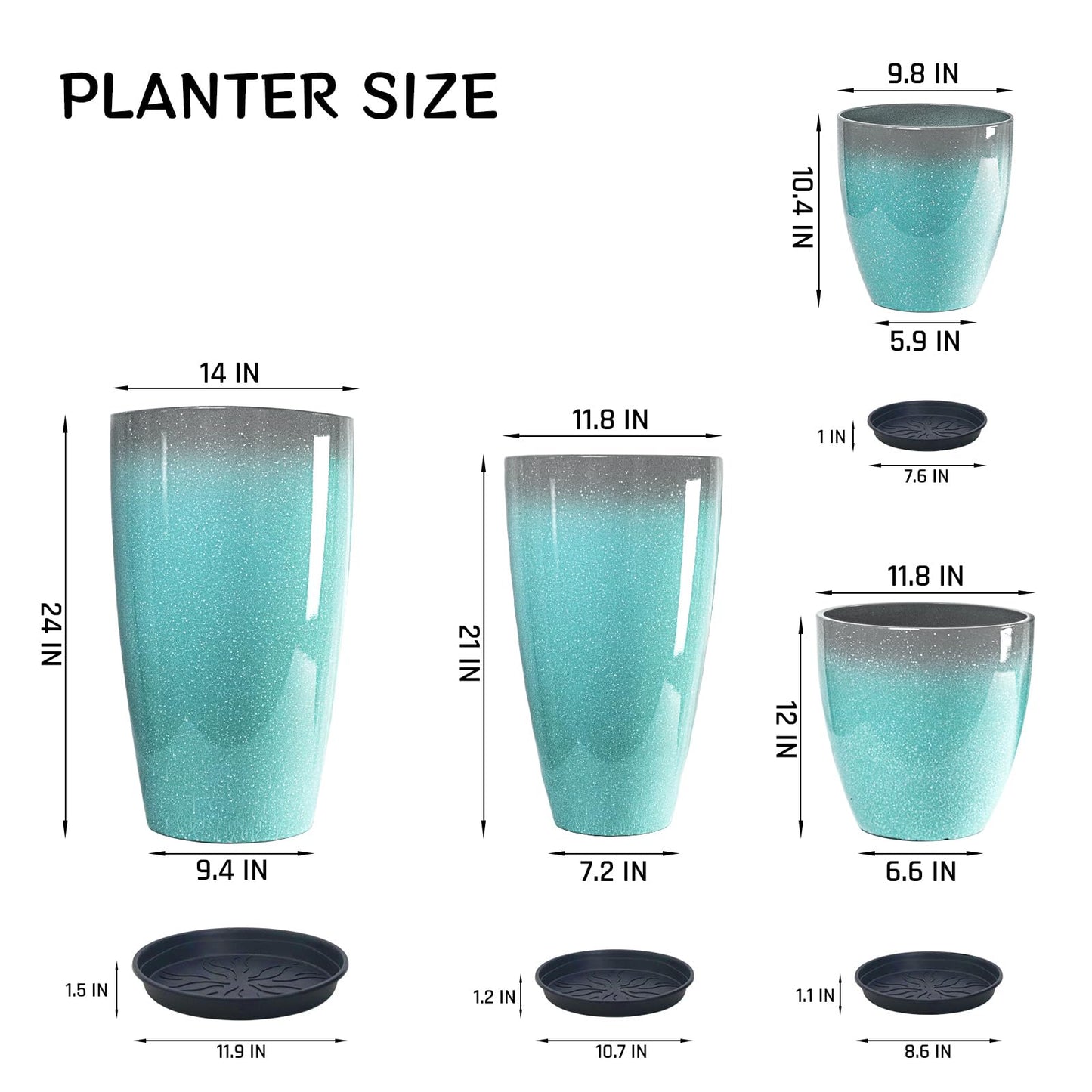 ZMTECH 24/21/12/10" H Large Plastic Planters with Drainage Hole and Saucer -Set of 4 Tall Lightweight Flower Pot for Front Porch Patio Deck,Sky Blue with White Spots