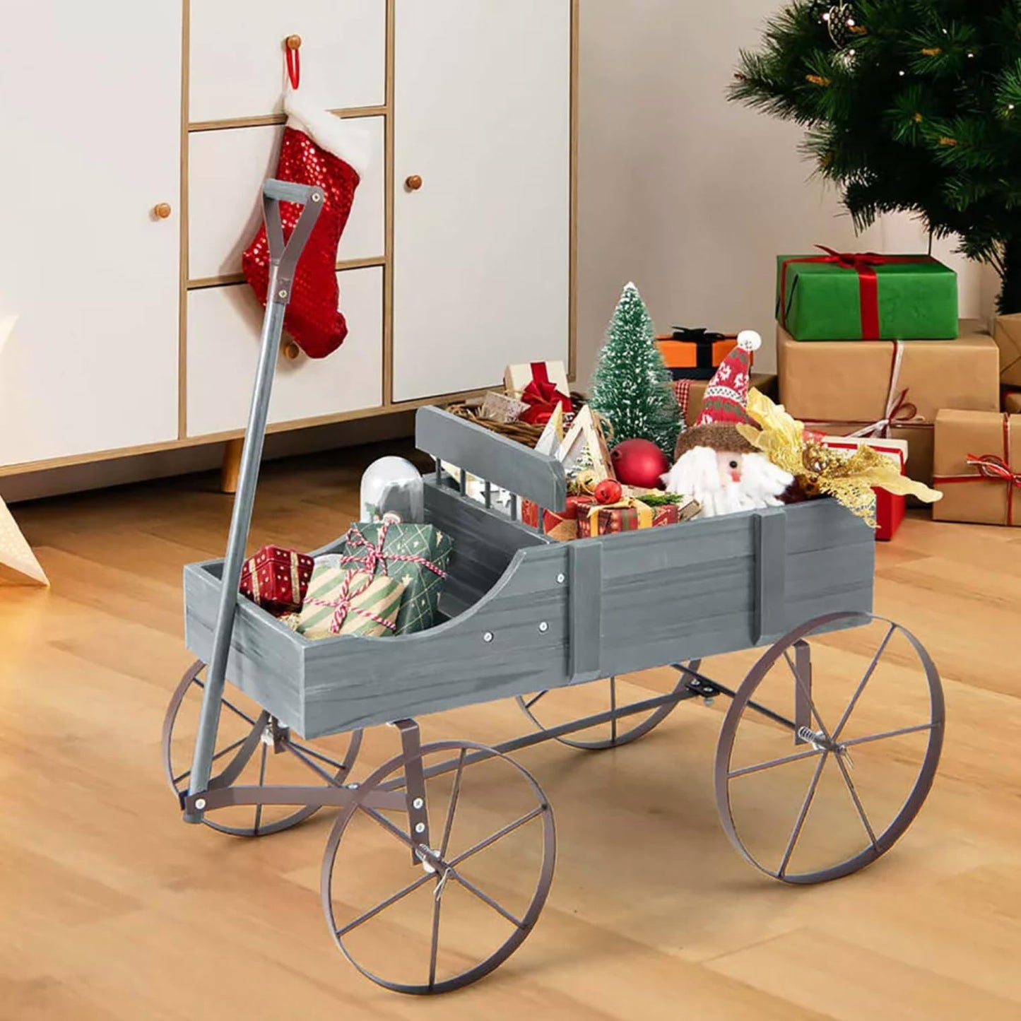 Wagon Planter, Decorative Wooden Garden Planter with Wheels, 2 Planting Sections and Adjustable Handle, Indoor Outdoor Backyard Balcony Decor (Grey)