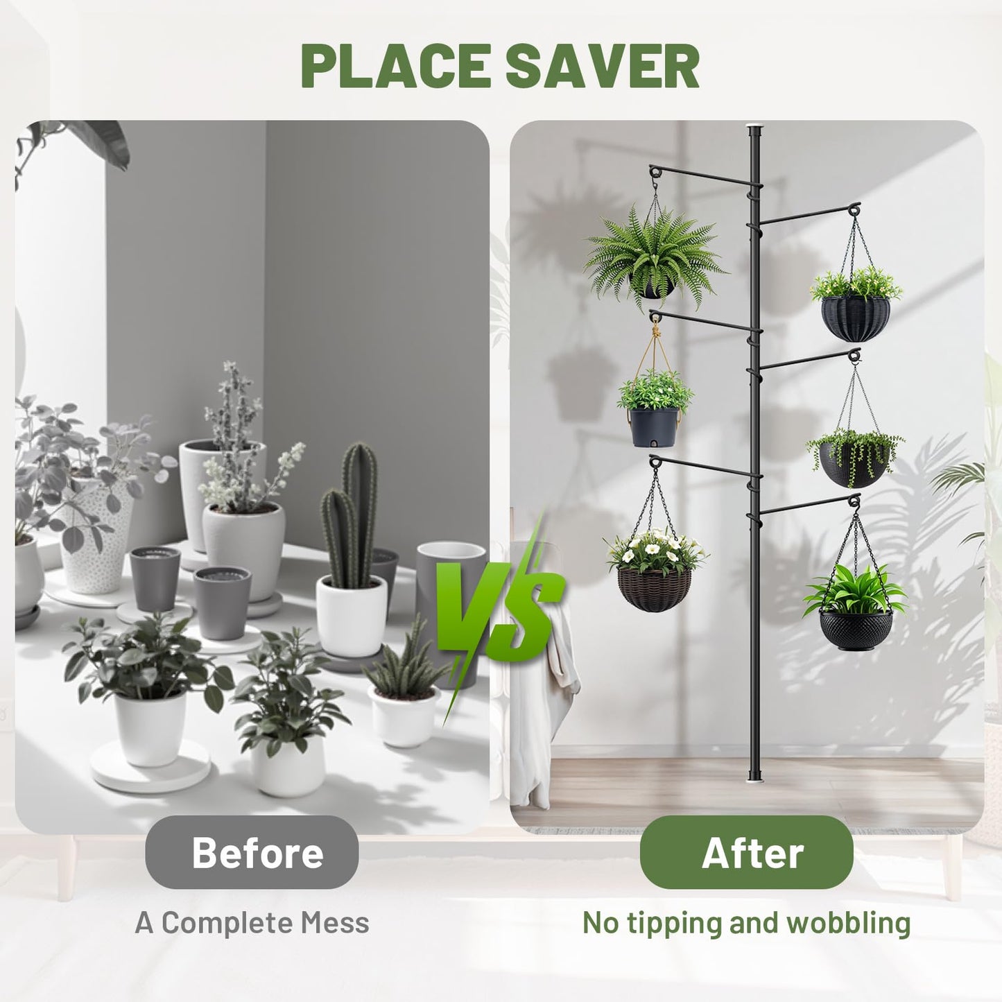 Zononoca Tension Rod Plant Stand, Plant Poles for Hanging Plants Indoor, Metal Floor to Ceiling Hanging Plants Stand, Tension Pole Plant Stand with 6 Hooks (Fit 3.6-10ft)