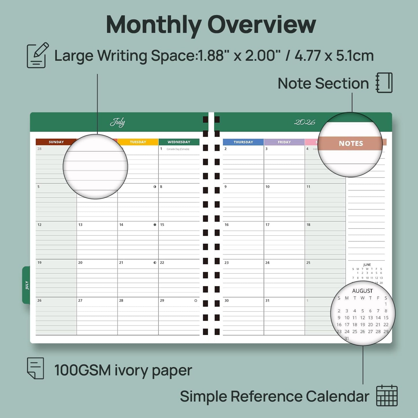 POPRUN Teacher Lesson Planner 2026-2027, (Letter Size - 8.5'' x 11'') Academic Planner July 2026 - June 2027 with Gradebook & Color Monthly Tabs, Thick Paper, 2-Sided Pocket, Leather Cover, Evergreen