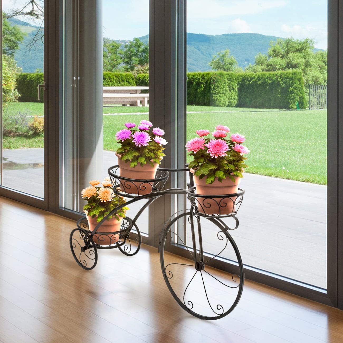 Tricycle Plant Stand - Flower Pot Cart Holder Parisian Style (Black) Black Modern Contemporary Round Metal