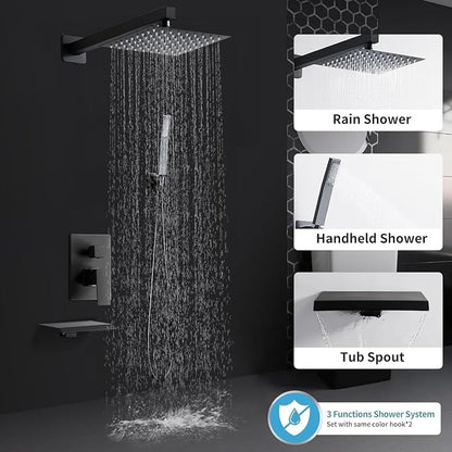 Matte Black Shower Faucet 12 Inch Set with Tub Spout, Shower Head and Handle with 2 Hooks Rain System Square Wall Mount for Bathroom