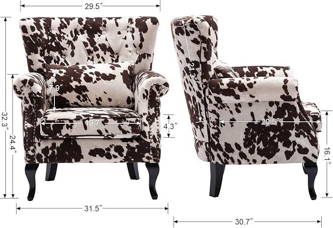 Mid Century Modern Accent Chair Upholstered Armchair Comfy Cowhide-Print Fabric